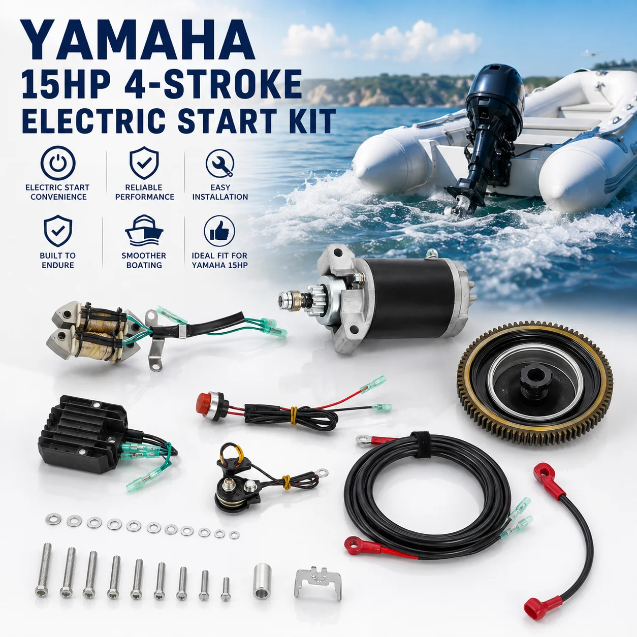 4-Stroke 15HP Outboard Electric Start Kit Outboard Engine Starter Motor Conversion Kit Complete Set with Flywheel Coil Relay Rectifier Switch Cable Heavy Duty Easy Install Marine Boat Engine Upgrade Replacement for 15PS Outboard Motor
