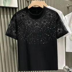 Sommer neue Herren Pullover O-Ausschnitt Patchwork Mode einfarbig lose Strass lässig vielseitige Kurzarm T-Shirt Tops