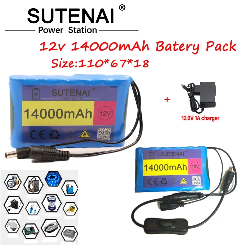 

18650 12V 14000mah rechargeable Li ion battery pack capacity DC 12.6V 14Ah CCTV cam monitor. Solar street lamp + charger