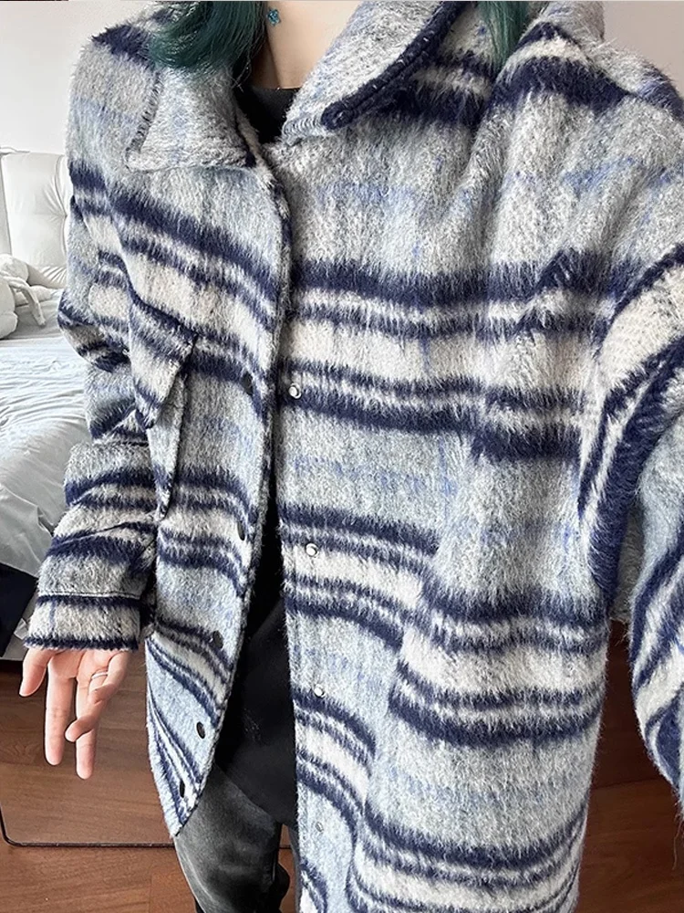 

Autumn Winter Plaid Woolen Coat Men's ort Sle Couple Jaet Youth Trendy Loose Fit Long Sve Button Closure Coat