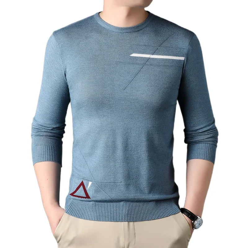 2023 Men's Long Sleeved Solid Color Slim Knit Triangle Round Neck Sweater Comfortable Daily  Sweaters