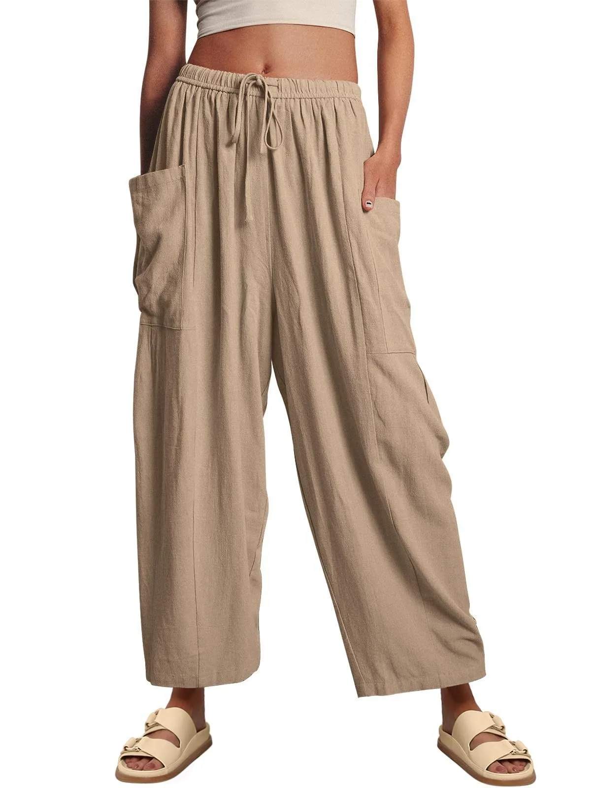 

Autumn new casual cotton and linen elastic waisted pleated high waisted wide leg pants loose pants