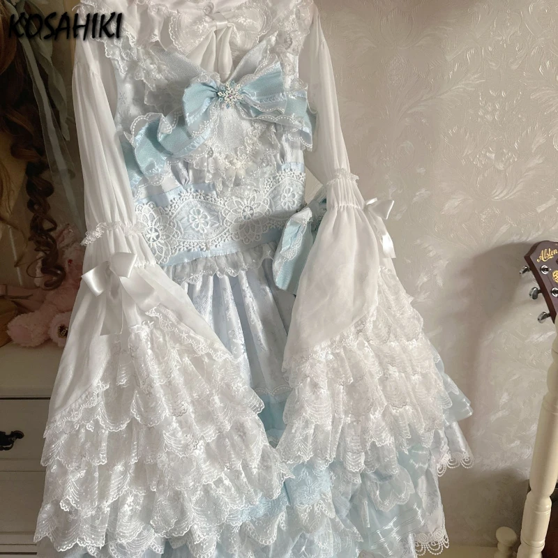 

Japanese Lolita Flare Sleeve Shirt Y2k Aesthetic Lace Patchwork Sweet Bow Blouse Top Women JK Single Breasted Slim Fit Blusas