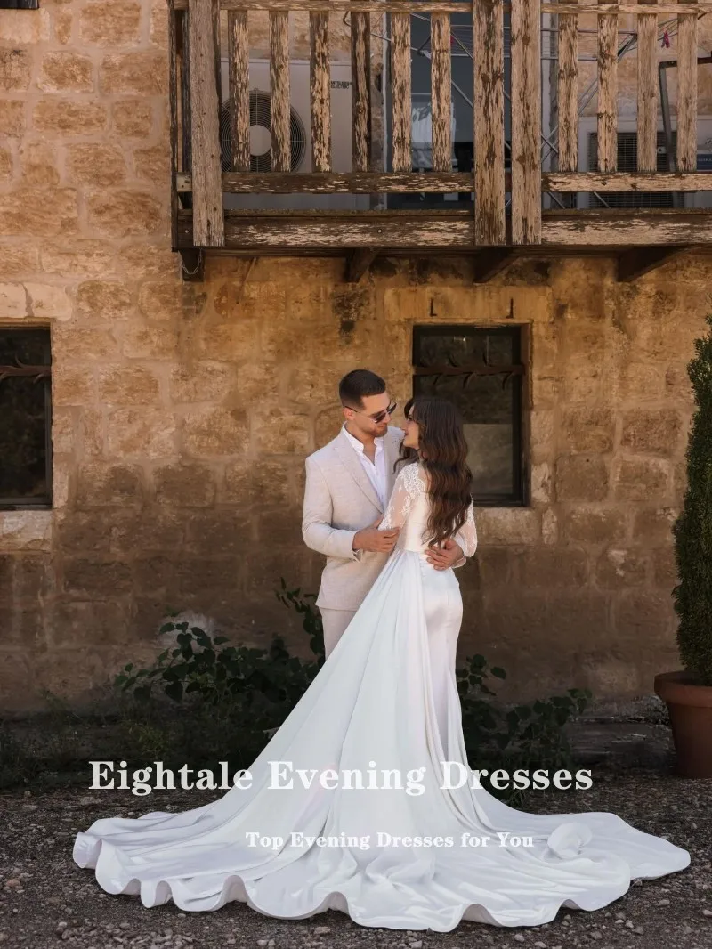 ชุดแต่งงานแบบอาหรับ Eightale แบบสั่งตัด สีไอวอรี่ คอวี ประดับลูกไม้ ชุดเจ้าสาวมุสลิมทรงเมอร์เมด ชุดงานเลี้ยงเจ้าสาว