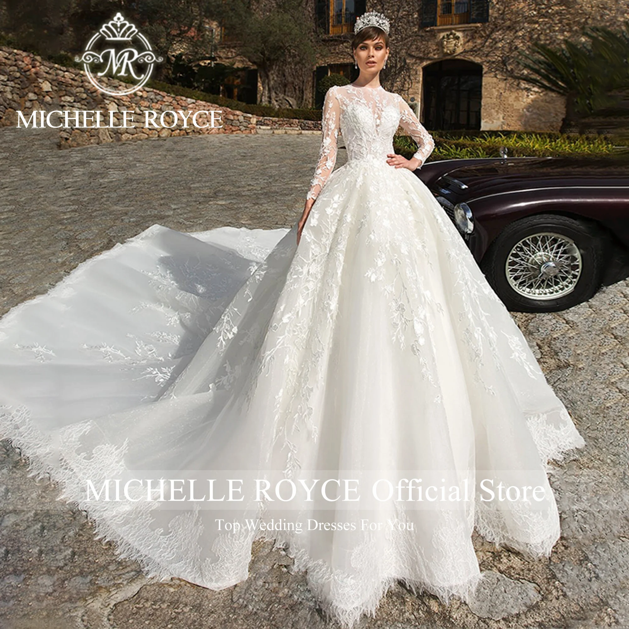 Michelle Royce Luxury Ball Gown Wedding Dresses For Women Sexy Exquisite O-Neck Appliques Illusion Cathedral Train Wedding Gown