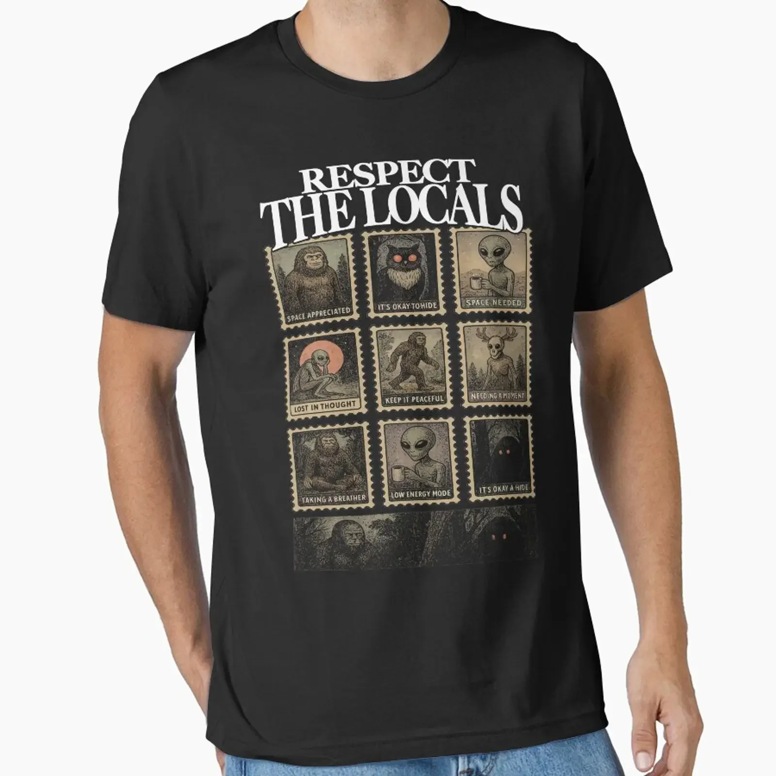 Respect the Locals Vintage Cryptid Stamp Mothman Sasquatch Bigfoot Alien Wendigo Essential T Shirt vintage Washed Unisex