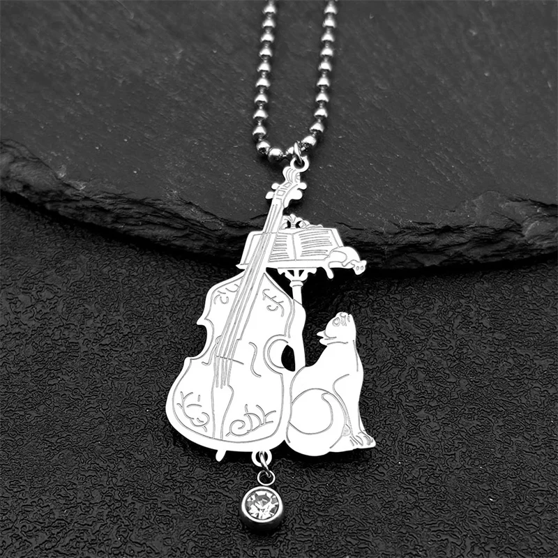 Cello Rhinestone Witchcraft Cat Car Pendant Hanging for Women Men Stainless Steel Silver Color Halloween Kitty Keyring Jewelry