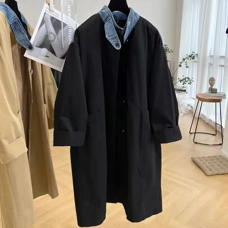 SuperAen Denim Stitching Collar Long Windbreaker Coat Women 2023 Autumn New Loose Casual Long Coat