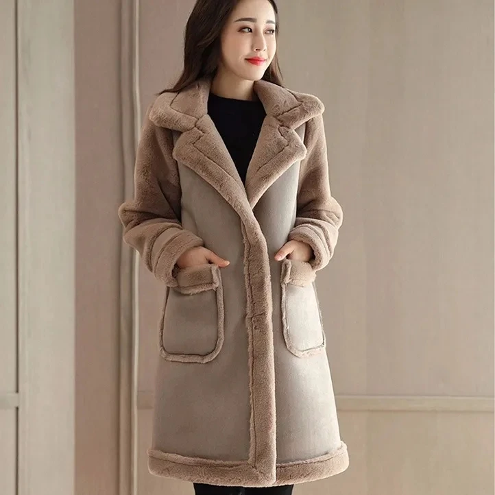 Lamb Wool Coat Women\'s Mid-length Jacket 2024 Winter Wear Plus Velvet Loose Coat Deerskin Frosted Fleece Fur Splicing Fur Coat