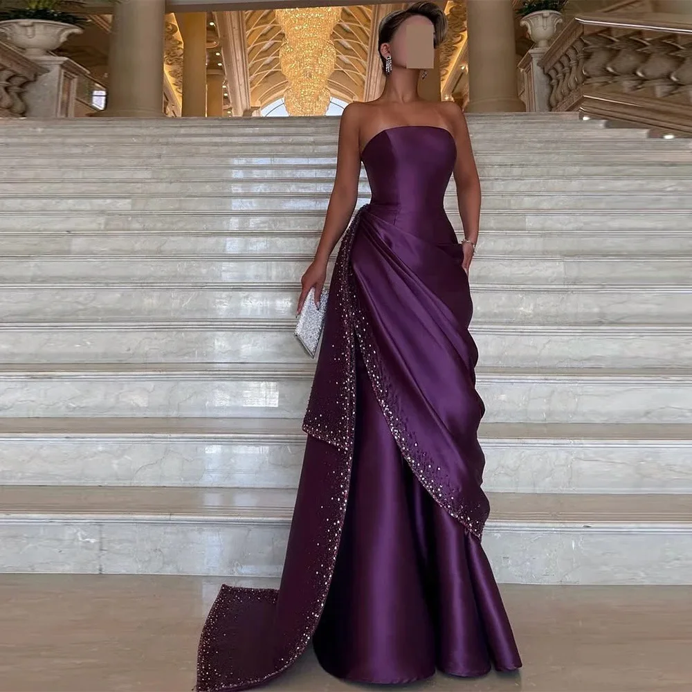 

Customized Dark Purple Satin Strapless Evening Dress Exquisite Crystal and Beaded Prom Dresses Dubai Fashion Party Gowns