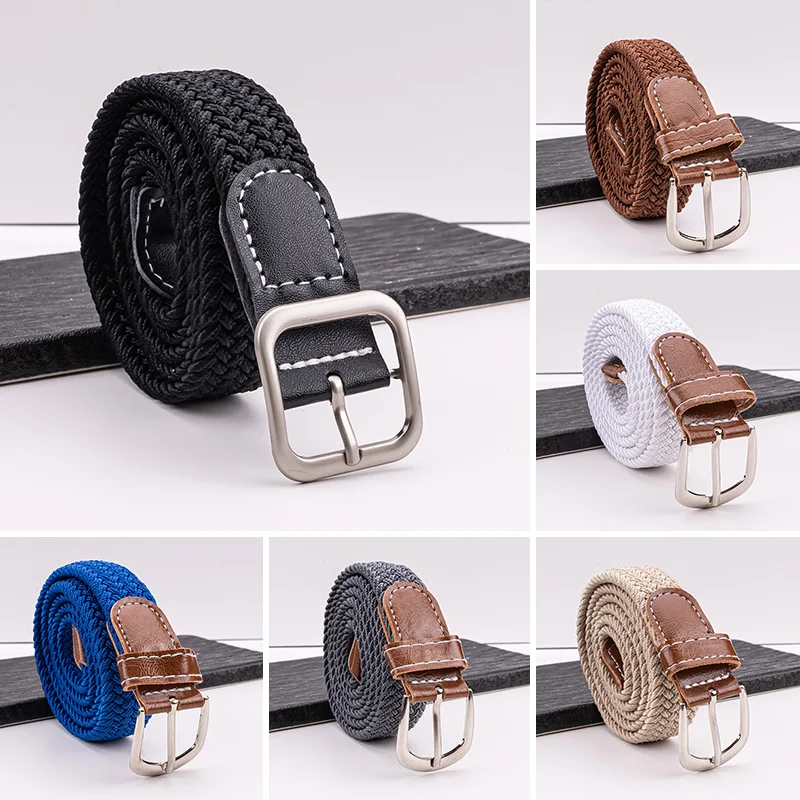 

Braided Belt Men Women Hole-Free No Punching Square Oval Buckle Solid Waistband Casual Elastic Knitted Lazy Belt for Jeans Dress