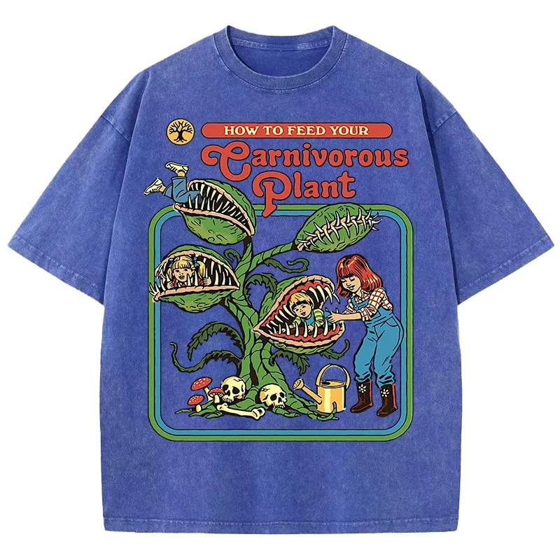 Earnivorous Pflanzenmuster, gewaschene T-Shirts für Herren und Damen, Baumwolle, lässiges T-Shirt, weich, Sommer, bequem, Rundhalsausschnitt, kurze Ärmel