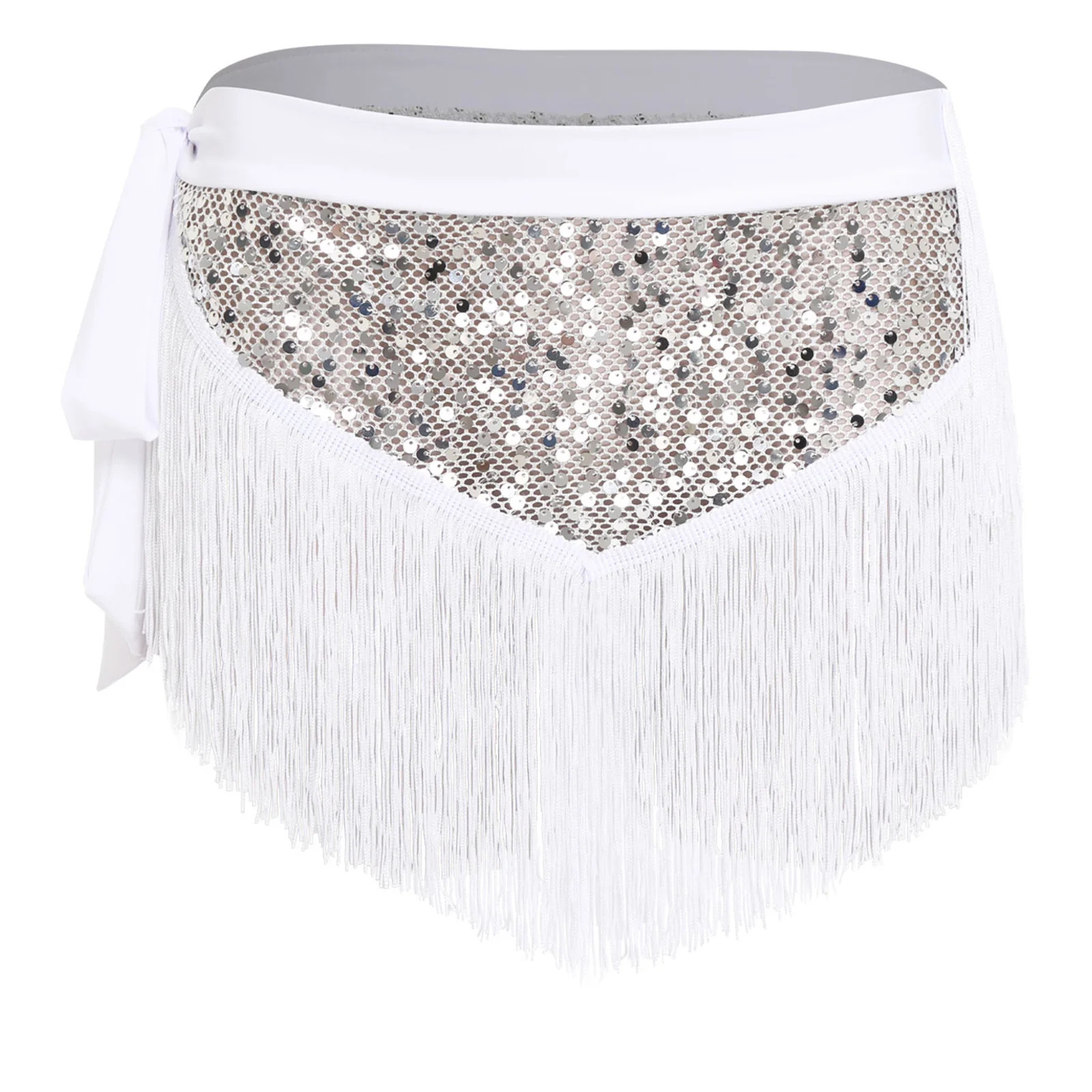 إمرأة الرقص الشرقي وشاح الورك لامعة الترتر بقماش شفاف شرابة تنورة ملفوفة صغيرة الجانب ربط مثلث الورك تنورة اللاتينية Dancewear #4