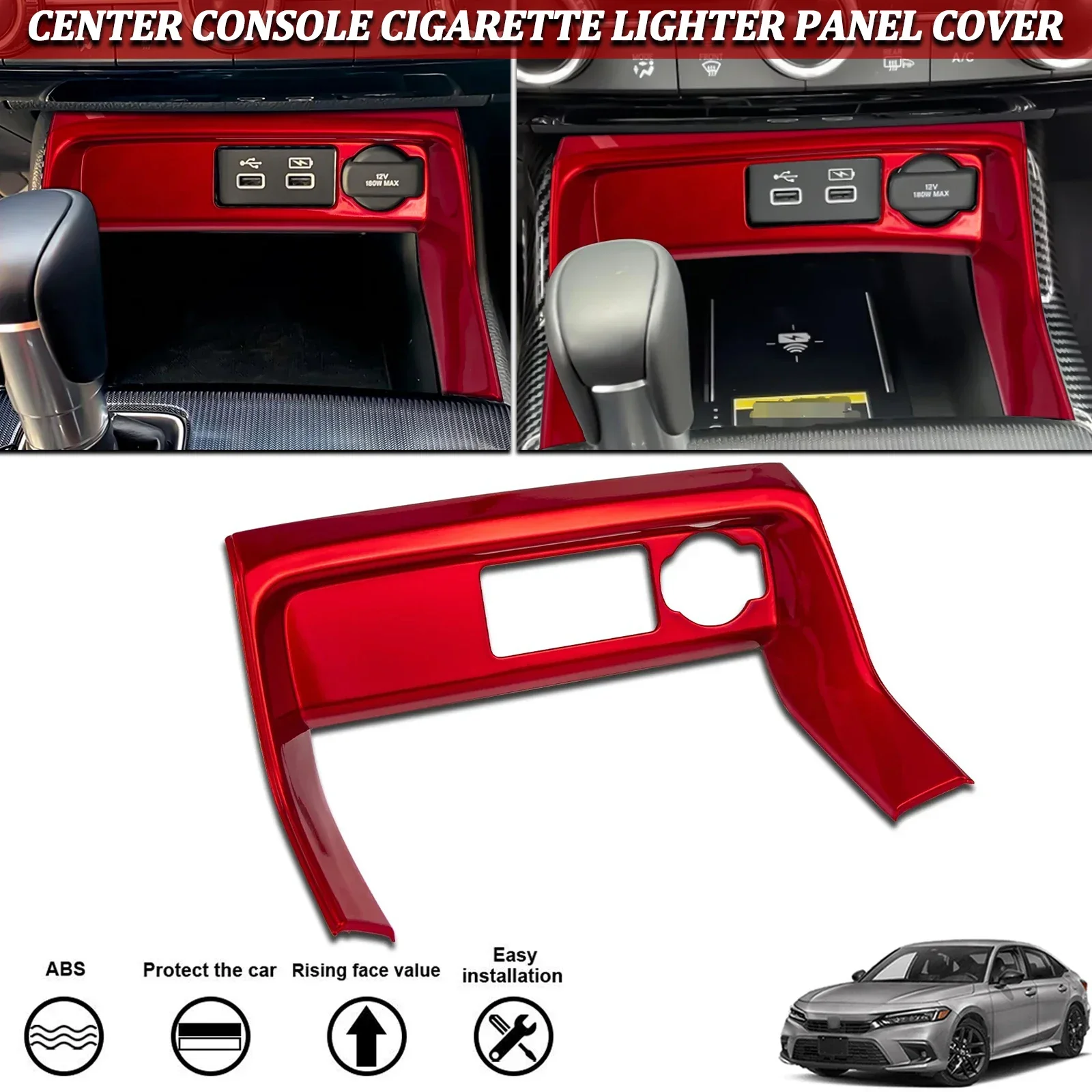 Painel do Acendedor de Cigarros do Console Central do Carro Vermelho com Cobertura de Moldura para Honda Civic 11ª Geração 2022-2025
