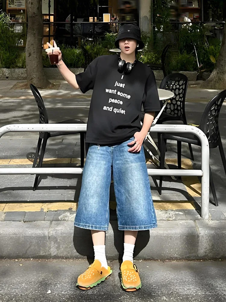 

Retro Waed Blue Denim orts Men's Summer High Street Wide Leg Pants Oversize Straight Seven-Foot Jeans Casual Youthwear