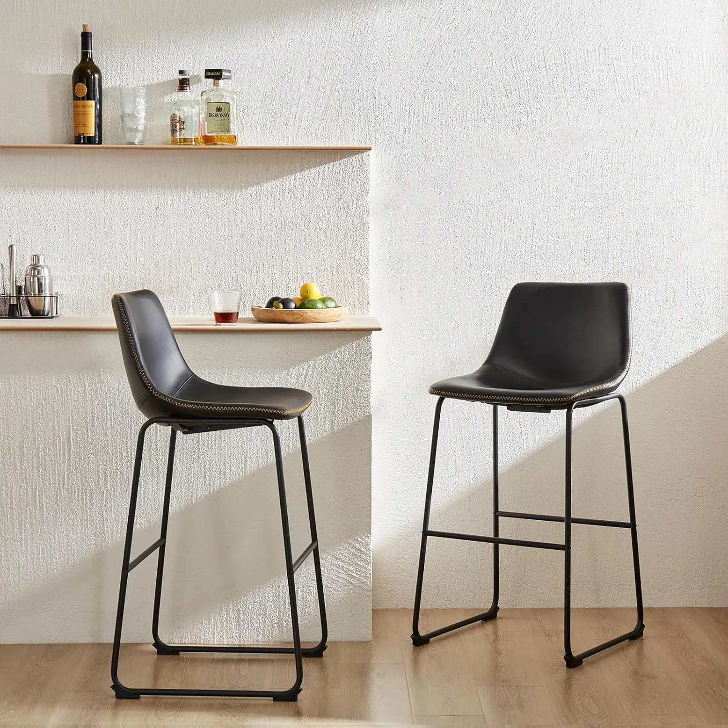 Counter Height Barstools With Leather Back, Matel Bar High Table Stool Chairs For Kitchen, Set Of 2 29 H, Black