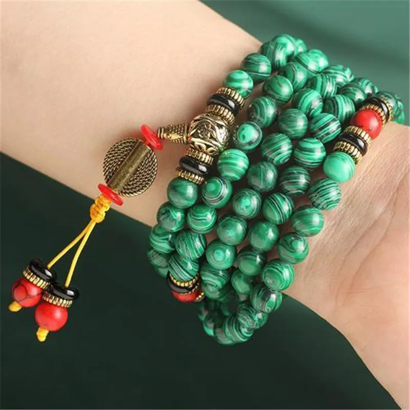 Verde Tassel pulseira com mão atada, contas de oração Buda, meditação Japa colares, pulseiras encantos, 108