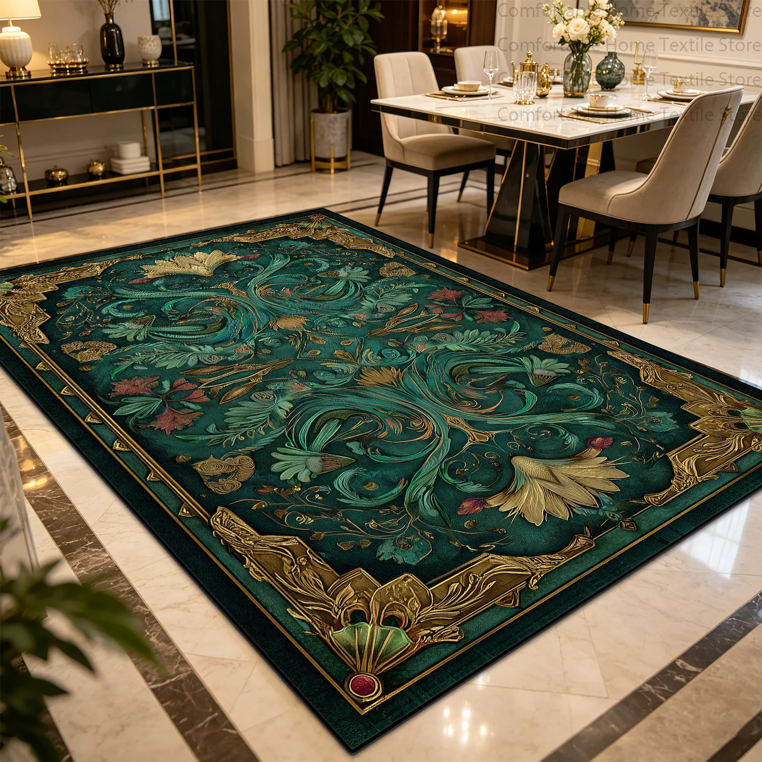European Retro Palace Style Dining Room Carpet Green Antiskid Decoration Home Living Room Rug Machine Washable Coffee Tables Mat