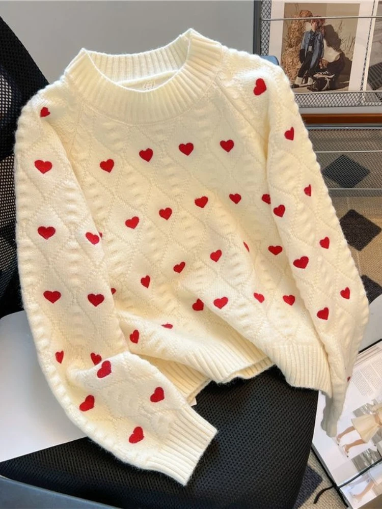 

Fashion Sweet Design Pullovers Heart Jacquard Long Sleeve O Neck Sweaters Casual Loose Knit Tops All Match 2025 Women's Clothing