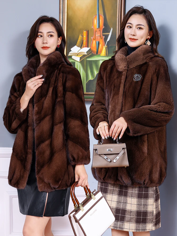 Haining Mink Fur Coat Mid-Length Imported Velvet Marten Overcoats Female Middle-Aged and Elderly Whole Mink