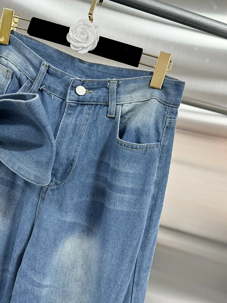 Pantaloni in Denim Streetwear con fiocco impiombato VGH per le donne tasche Patchwork a vita alta Caual pantaloni larghi larghi a gamba larga moda