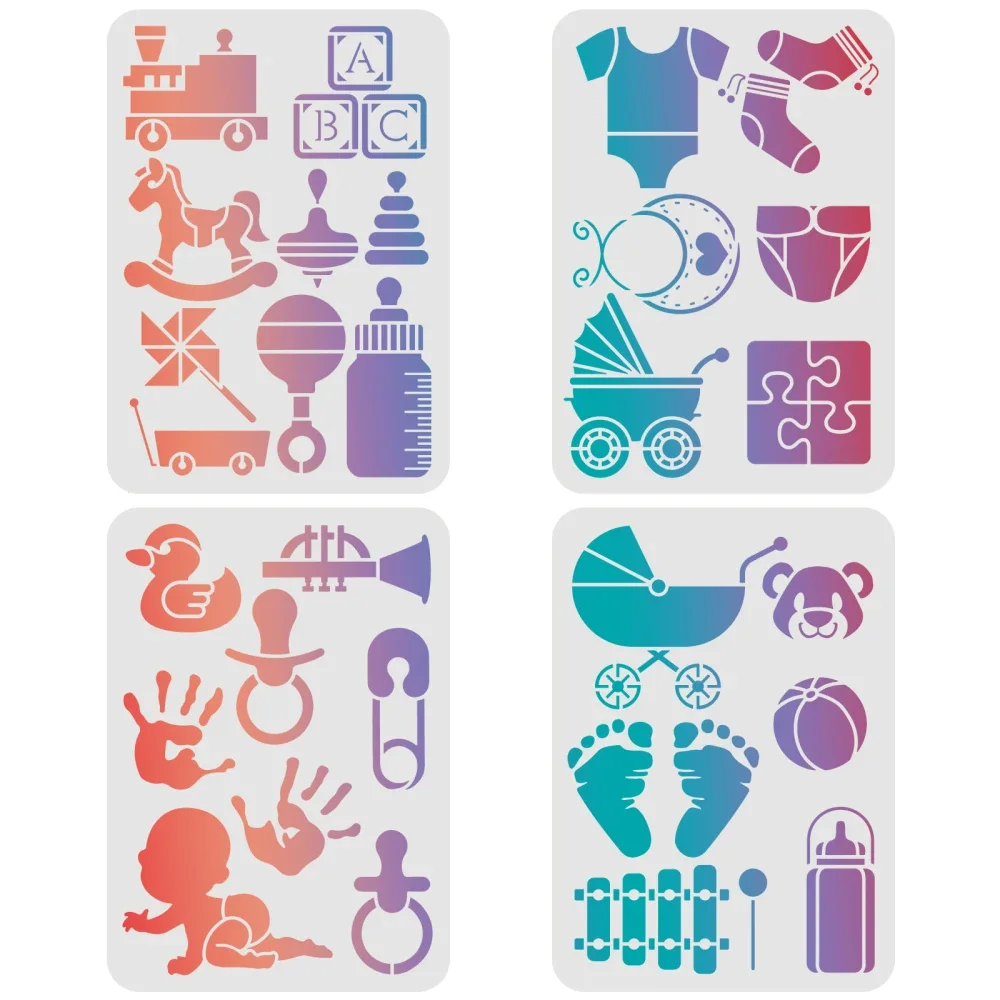 4 Pcs Baby Theme Stencils Template Plastic Baby Bottle Stroller Reusable Drawing Painting Stencils for Wood Floor Wall Tile DIY