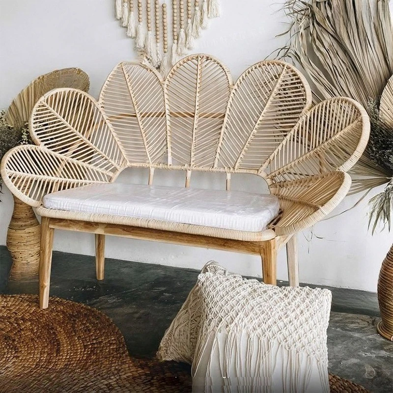 

ins rattan double chair solid wood creative peacock chair