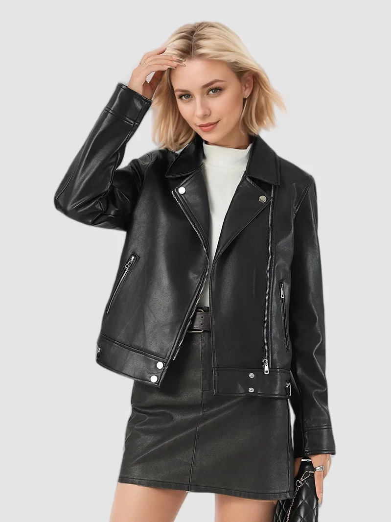 Ele Women's Motorcycle Sle Long Sve Leather Jaet ort Collarl PU Leather Coat Faionable Autumn New Arrival