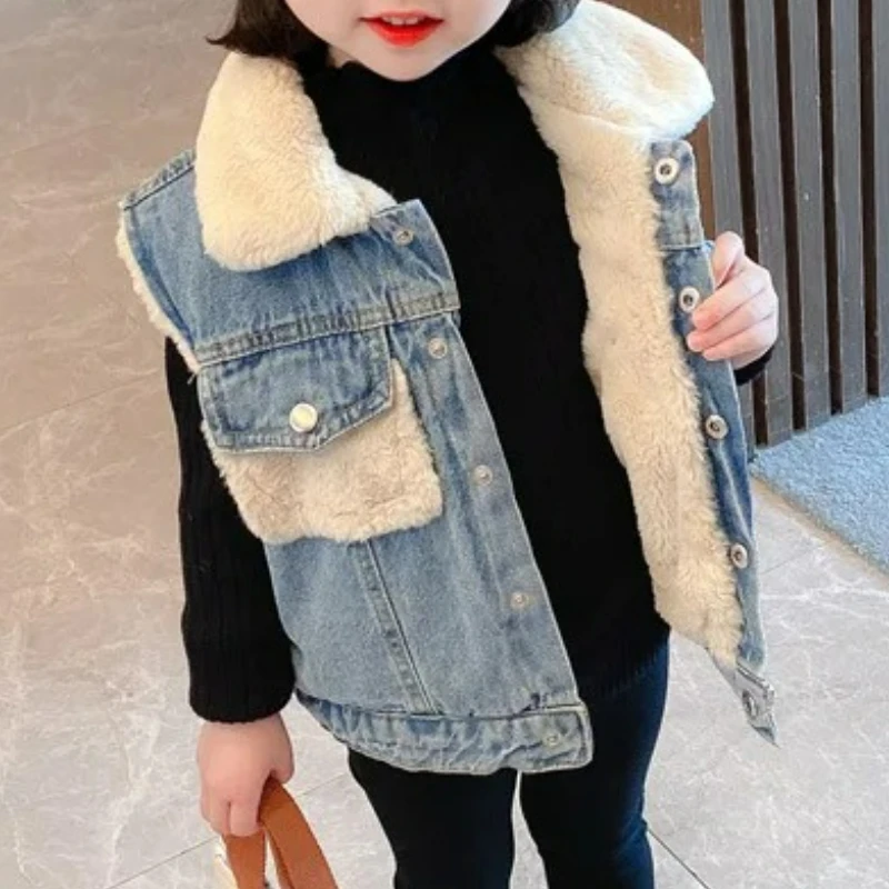 

Autumn Winter 2025 New Children's Coat Boys and Girls' Vest Fleece Soft and Thickened Denim Tank Top Girls Fashion Kids Outfit