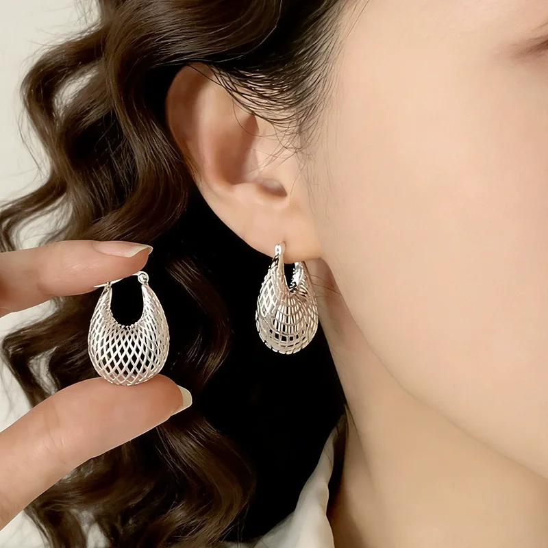 925 Sterling Silber Trendige Geometrische Hohle Netz-Ohrringe für Frauen Schleifenohrringe Modeschmuck Geschenke – Detail 1