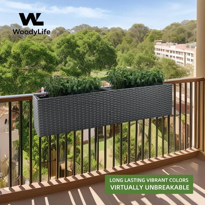 31.5 Inch Self Watering Rail Window Box with Bracket (Deep Gray) | Thickened Large Rattan Planter Flower Plant Pot with Water