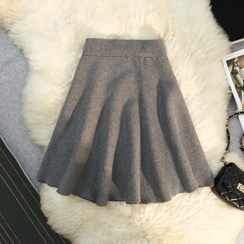 

Autumn Winter Sexy Knitted Short Mini Skirt Women Elastic High Waist A-Line Party Club Umbrella Tutu Skirt Black Grey