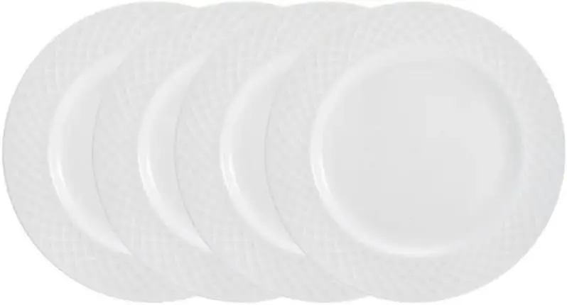 Trellis Bone China 16-Piece Dinnerware Set, Service for 4, White Lightweight Porcelain with Textured Design, Chip-Resistant and