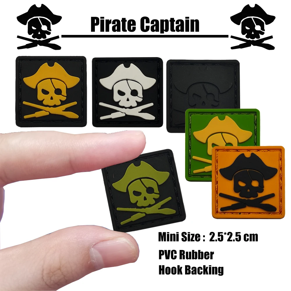 1 inch Sqaure Pirate Captain With Gun Mini Skull Tactical PVC 3D Rubber Pirate Patch For Bag Hat Jacket Shirt Sew-on