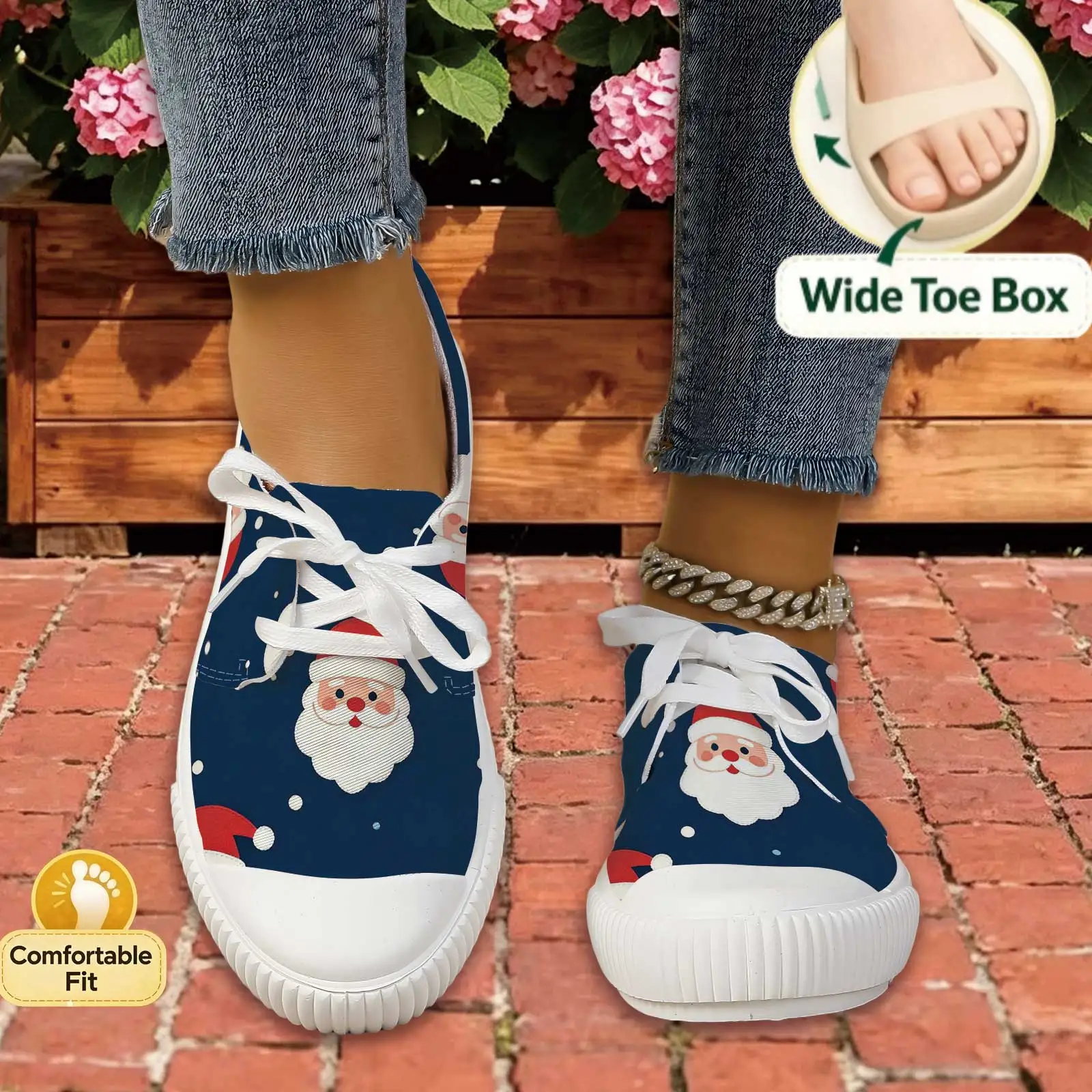 Zapatos informales con cordones y estampado navideño para mujer, zapatillas cómodas y ligeras con punta ancha, transpirables, para vacaciones, uso diario, oficina, viajes al aire libre