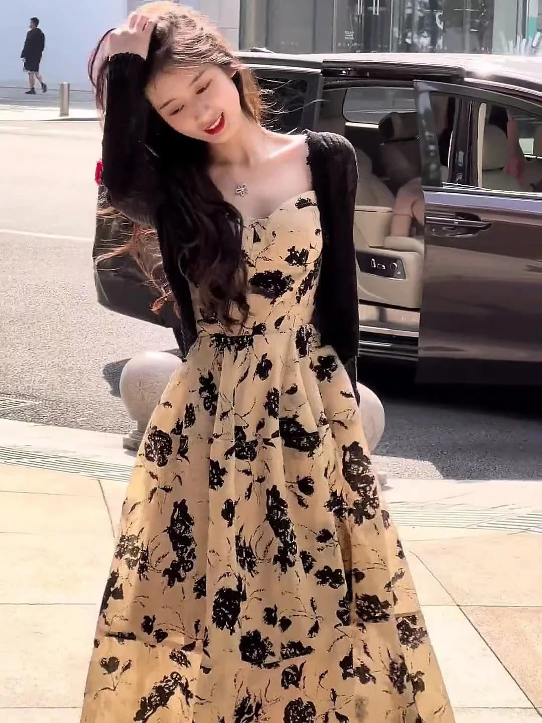 

Ele Summer Floral Print ter Dr And Cardigan Two-Piece Set for Women Sli Retro Sle Polyester Fabric