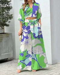 Women's Spring and Autumn New Printing Casual Pants Set V-neck Lantern Sleeve Short Top High Waist Wide Leg Pants Two Piece Set