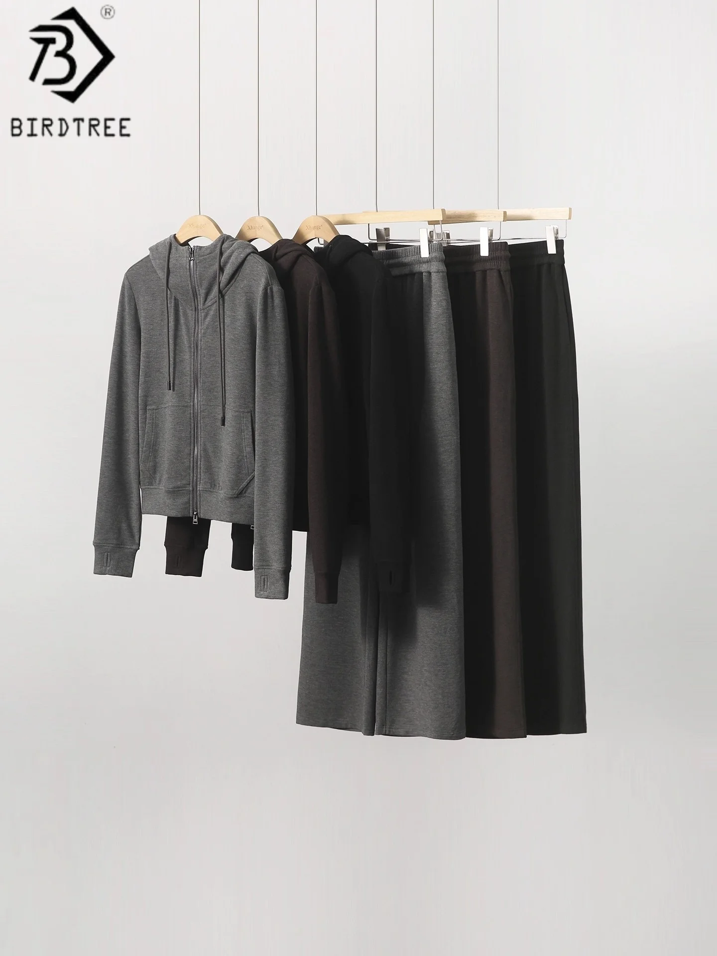 

Birdtree 1% Cashmere 1.2% Silk Sweatshirt Jacket Solid Sweatpants,Woman Blend Zip Long Sleeve Hoodie Elastic Waist PantsT58906JF