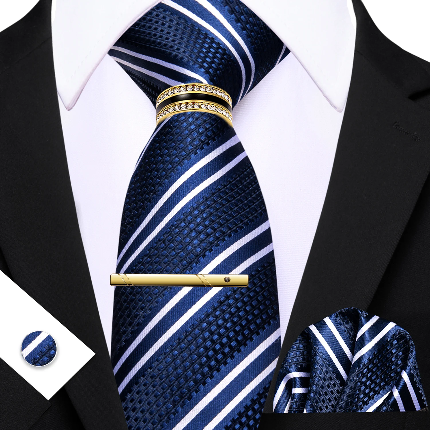 Mens Tie Yellow Purple Golden Striped Fashion Ties Hanky Cufflink Clip Ring Set Wedding Party Event