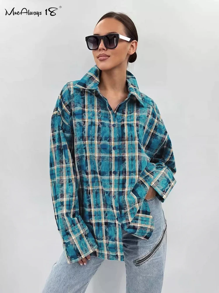 Mnealways18 Blue Plaid Casual Women Shirts Street Style Long Sleeves Oversize Classic Button Streak Blouses And Tops Autumn 2024