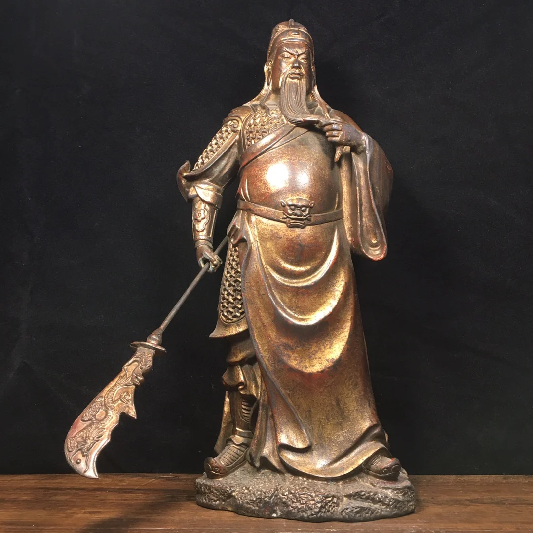 

15"Tibetan Temple Collection Bronze Cinnabars Guan Gong Buddha Statue Guan Yu Guan Gong knife in hand Worship Hall Town House