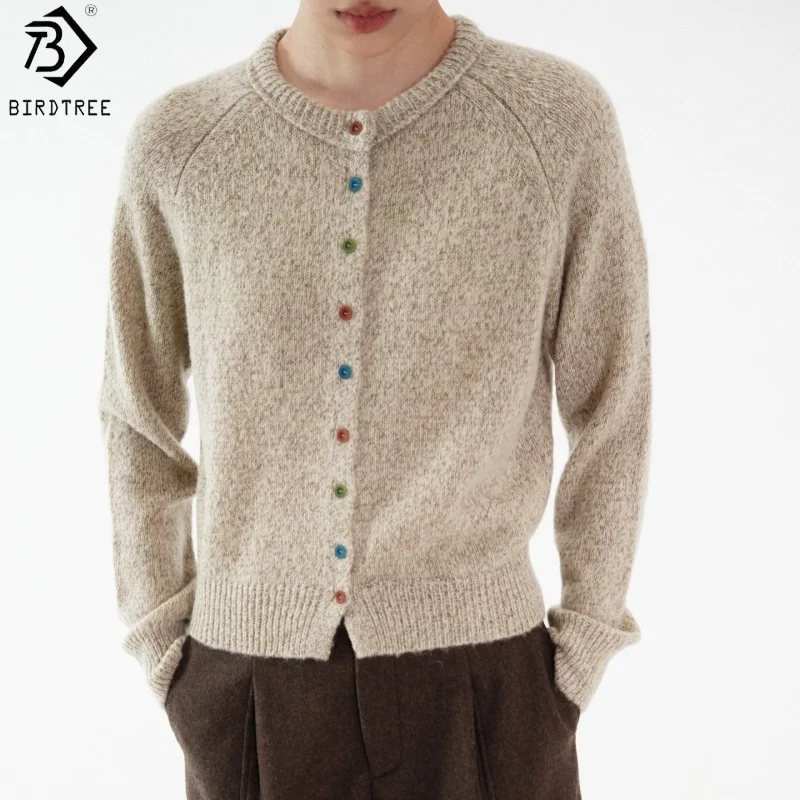 Birdtree, Kardigan Rajut 100% Wol Domba, Sweater Wanita Retro Kerah O Lengan Panjang, Atasan Musim Gugur Musim Dingin 2025, Beige, Kuning T5O816JF