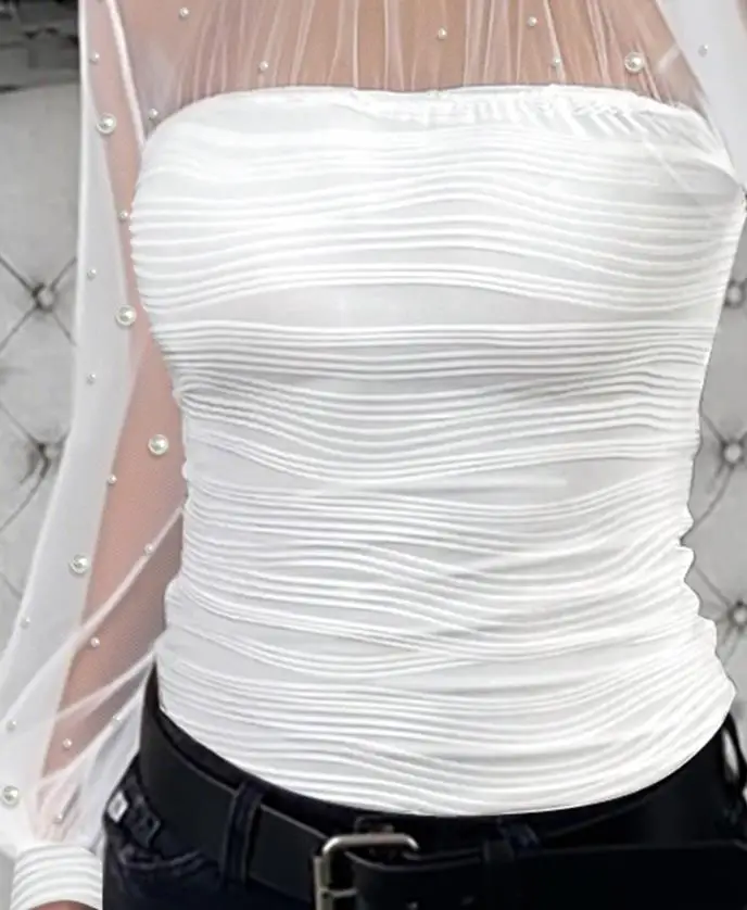 المرأة مثير تي شيرت اللؤلؤ ديكور عالية الرقبة فانوس كم بقماش شفاف تقسم المحملة امرأة موضة سليم محكم #4