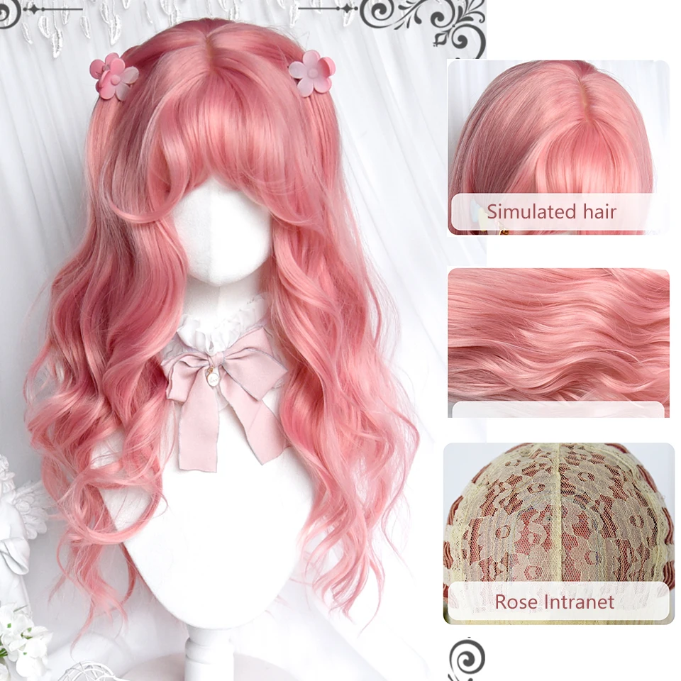 AOSI Cosplay Wig With Bangs Synthetic Straight Hair 24 Inch Long Heat-Resistant Pink Wig For Women