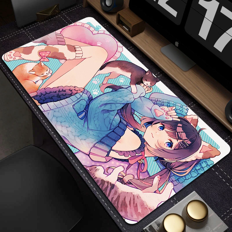 

Cute Anime Girl And Kawaii Cat Rubber Mouse Pad XXL Office Large Mousepad 900x400mm HD Print Non-Slip Table Mat Anime Mouse Mat