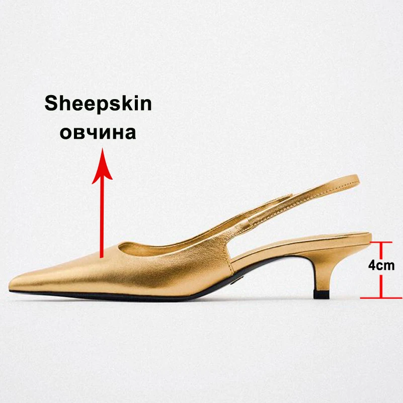 Meotina Women Genuine Leather Slingbacks Pointed Toe Block Mid Heels Pumps Buckle Ladies Fashion Spring Autumn Shoes Green 42