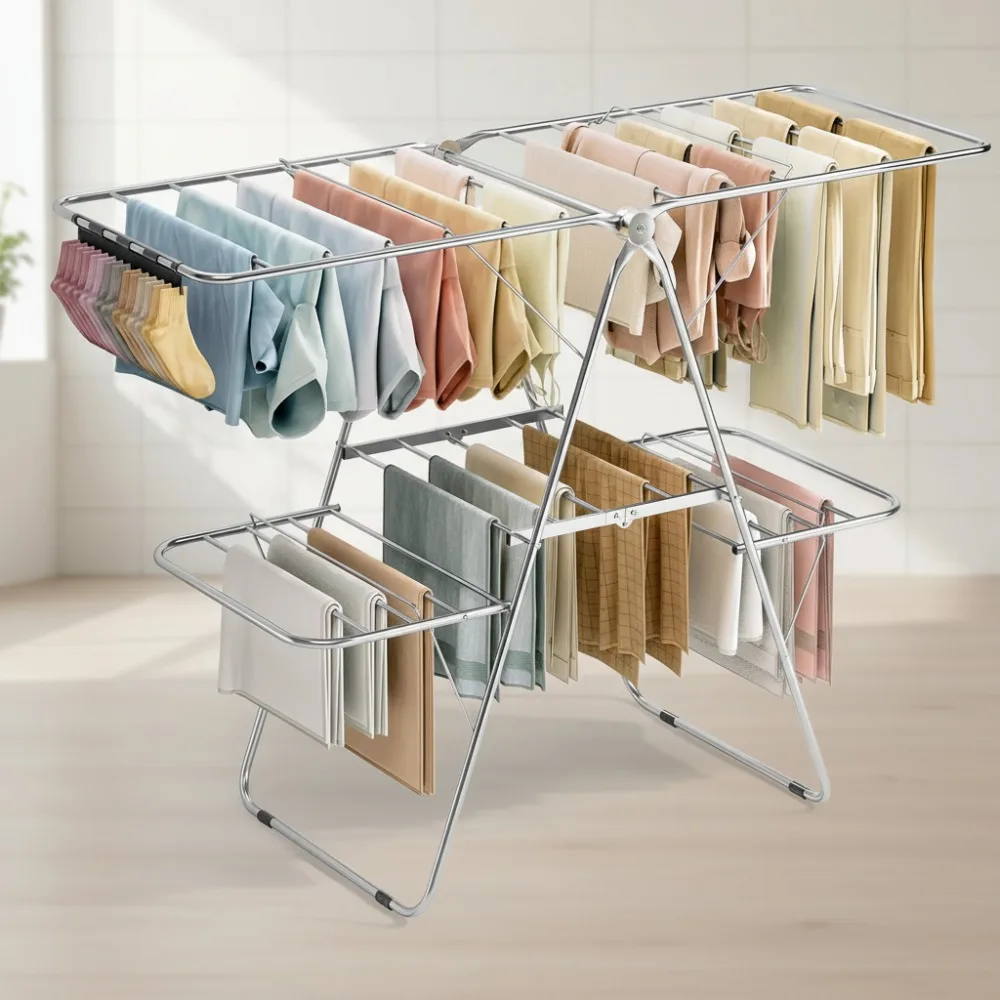 

Складная сушилка для одежды из нержавеющей стали с 4 крыльями и зажимами для носков, регулируемая по высоте для стирки в помещении и на открытом воздухе