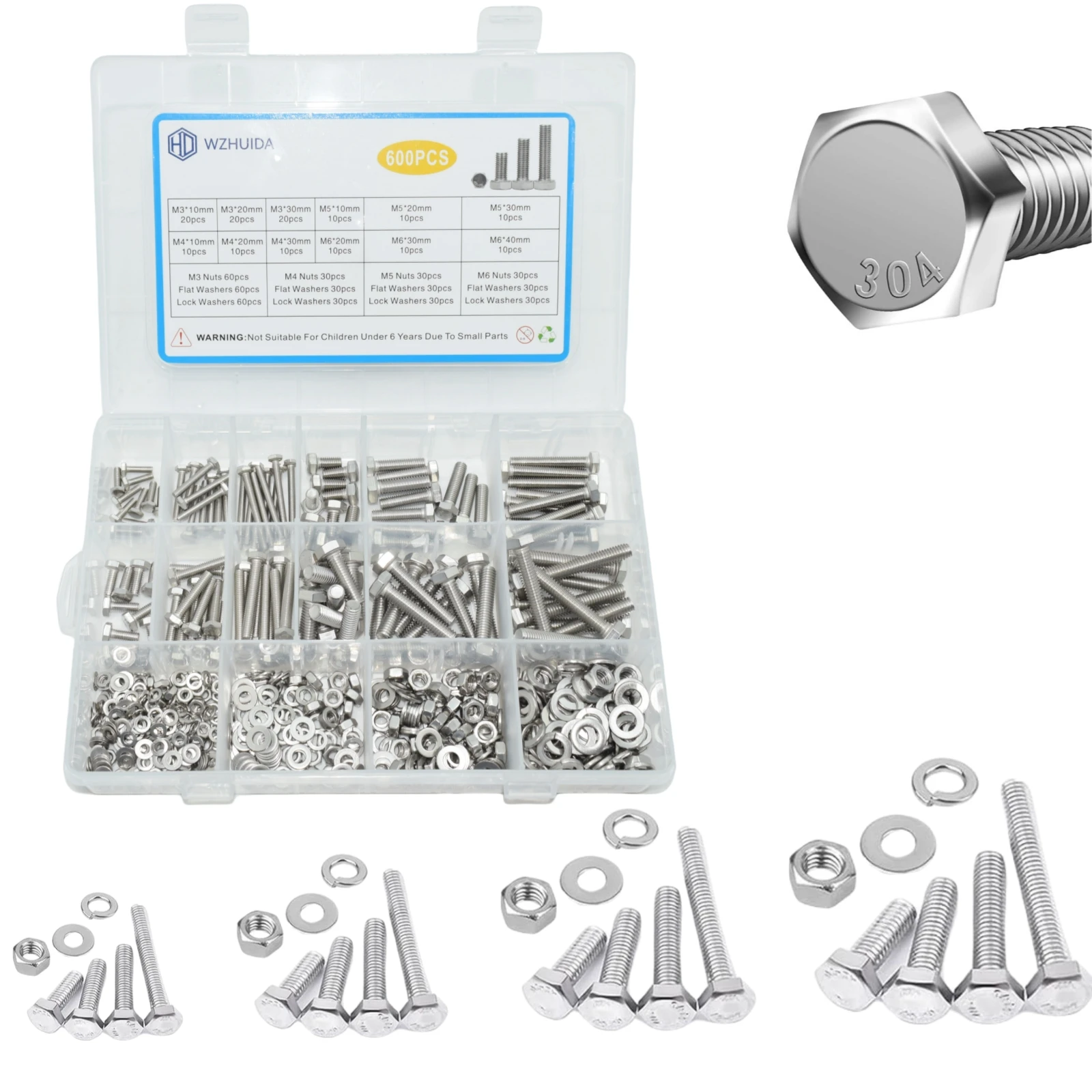 

WZHUIDA 600PCS M3 M4 M5 M6 Screw Set, Nut and Bolt Set Flat & Spring Washers Hex Head Cap Screws Bolts and Nuts Kit,Fully Thread