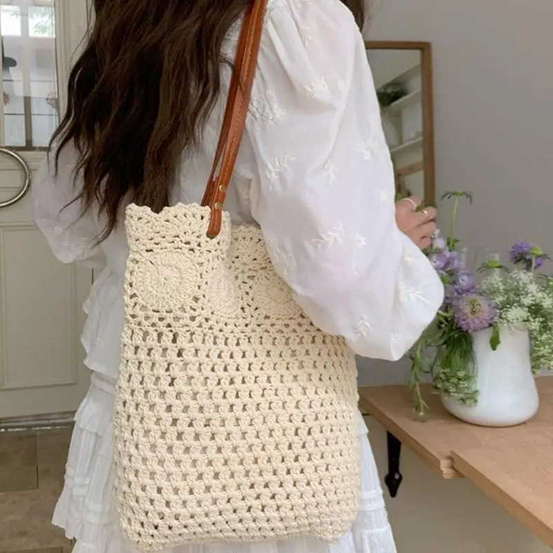 

X90D Женская пляжная сумка крючком Сумка на плечо Модная сумка ручной работы Сумка для подмышек Большая вместительная сумка для