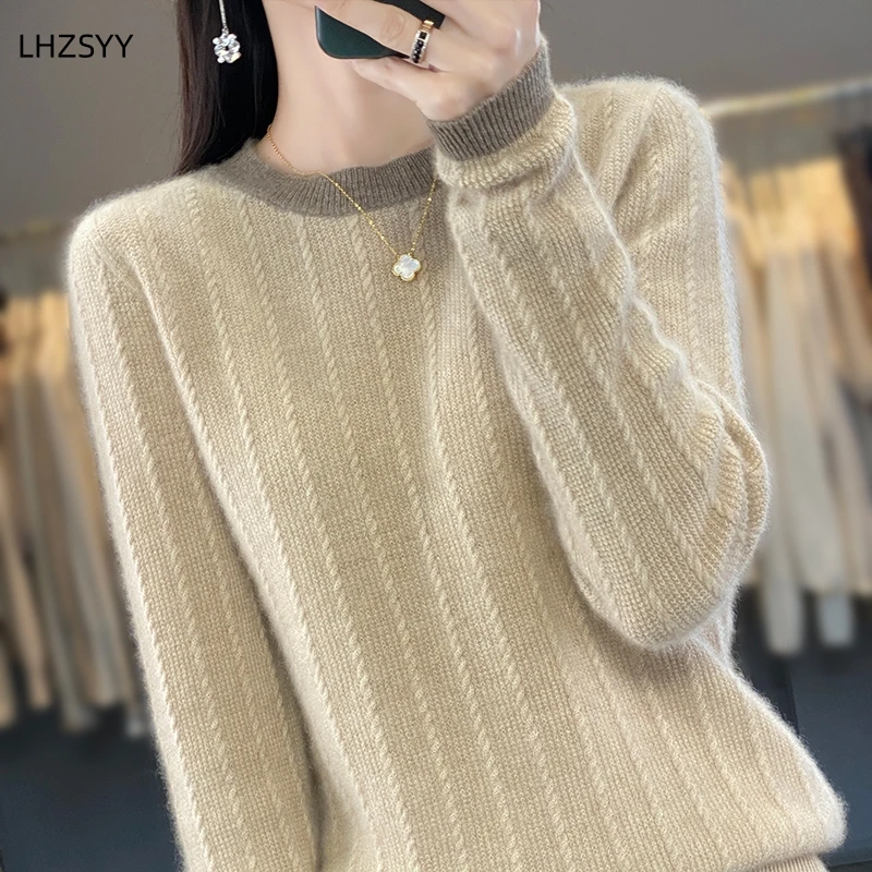 LHZSYY 100% Pure Wool Sweater Women\'s O-Neck Jumper Autumn Winter New Long Sleeve Large Size Tops Color Knit Cashmere Base Shirt